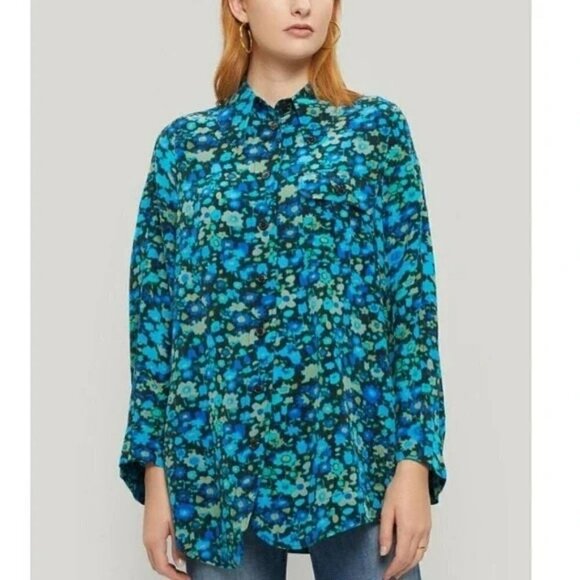 Ganni Floral Blouse in Azure Blue - Picture 2 of 16